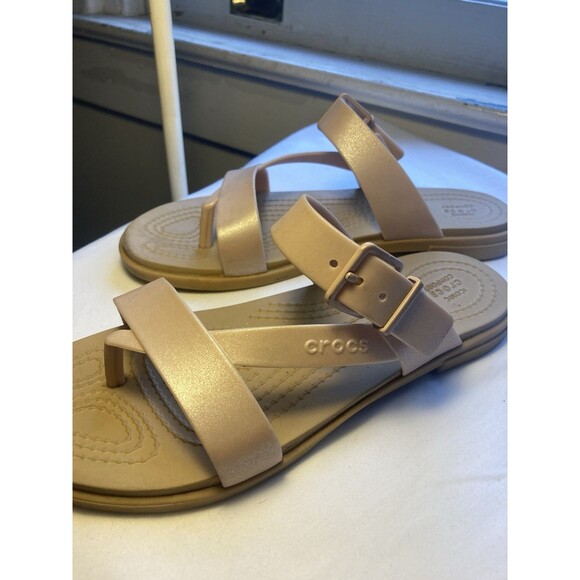 Crocs Tulum Toe Post Sandals Sz 6 W Beige Buckle Iconic Comfort Thong Slides - Picture 1 of 10